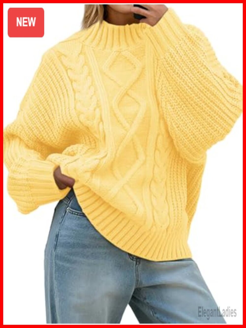 Oversized Cable Knit Turtleneck Button Pullover Sweater